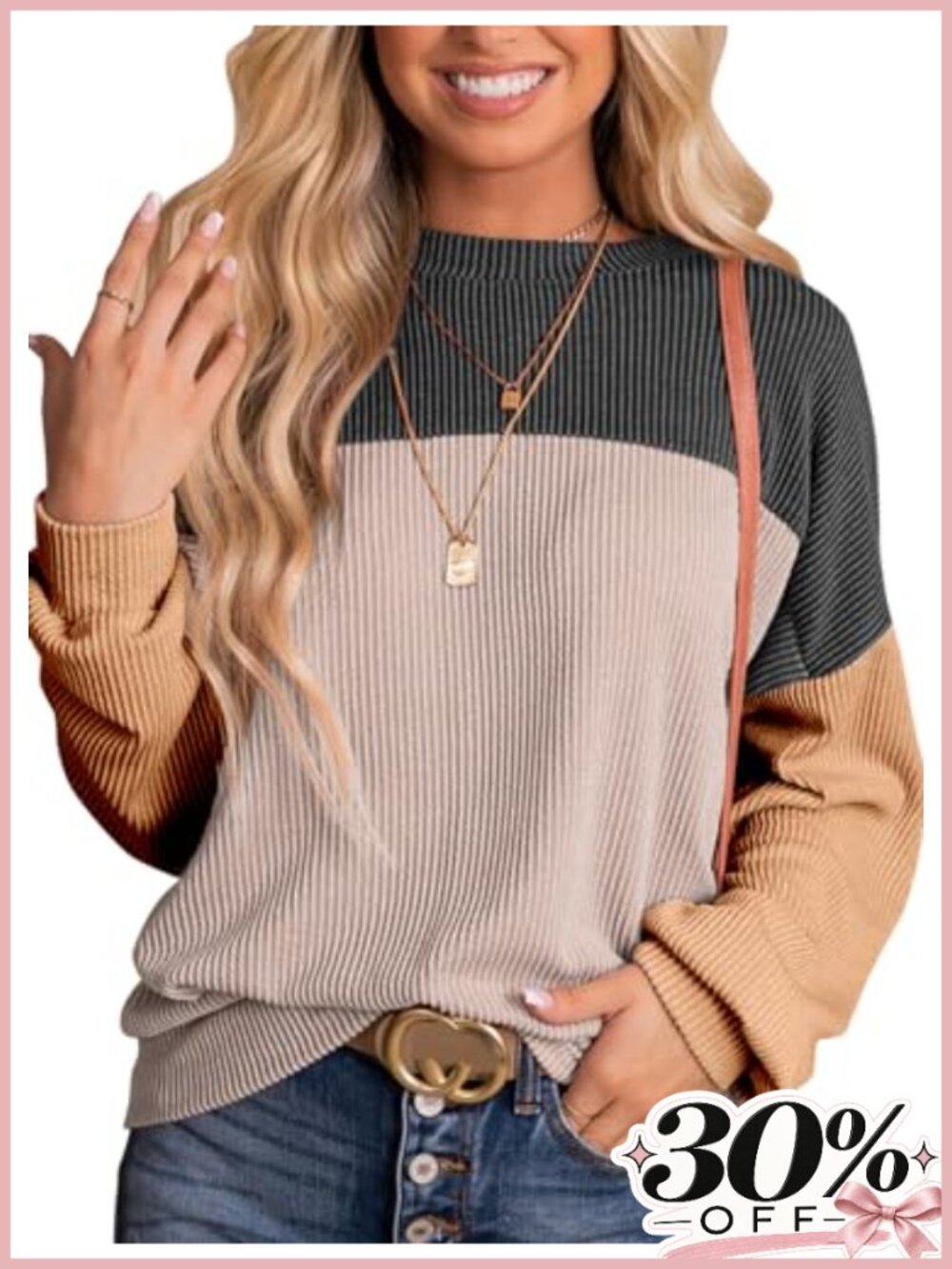 Womens Color Block Long Sleeve Crewneck Ribbed Knit Loose Blouse Top